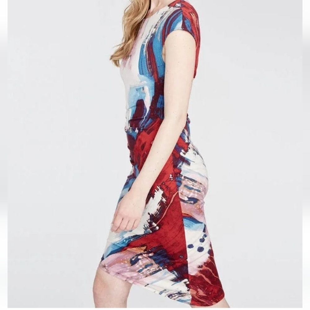 RACHEL Rachel Roy Abstract Print Asymmetrical Dress in Red, Blue, and White - Picture 3 of 10